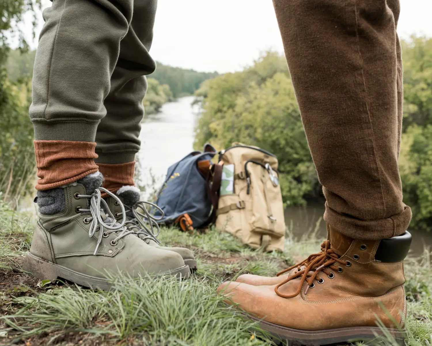 Wanderschuhe und Rucksack am Fluss – die richtige Ausrüstung fürs Camping